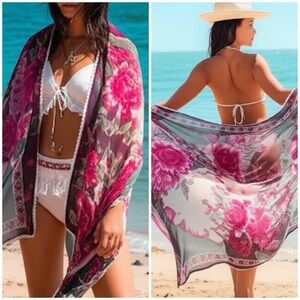 Gorgeous Earthy‎ Pink/Purple Floral Gauzy Lace Trimmed Pashmina Large Wrap Scarf